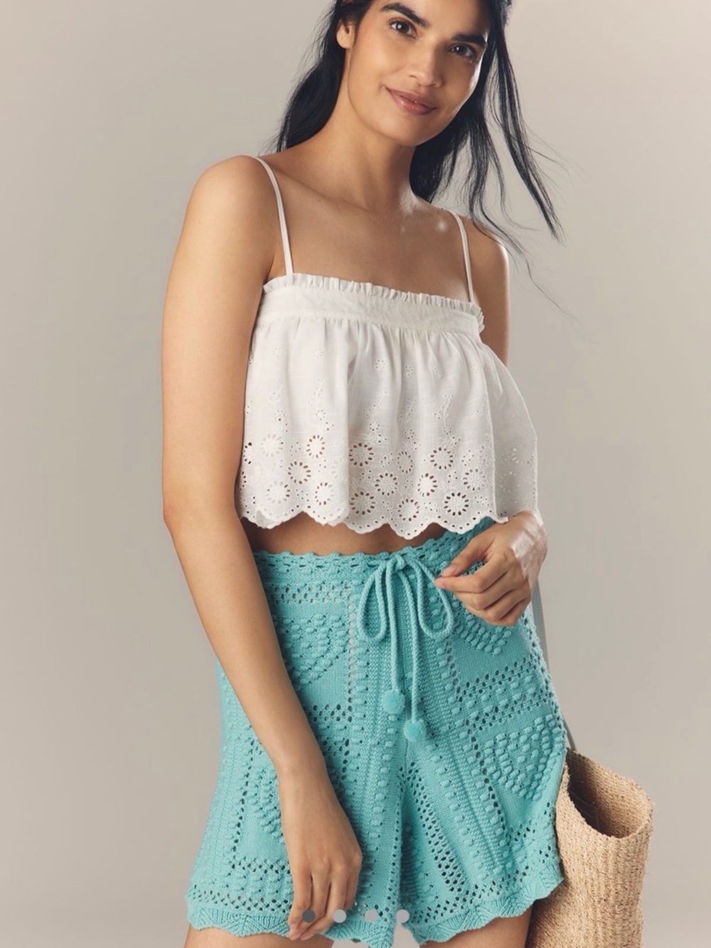 FARM Rio for Anthropologie Aqua Crochet High-Waist Heart Shorts Size XS - Picture 2 of 11
